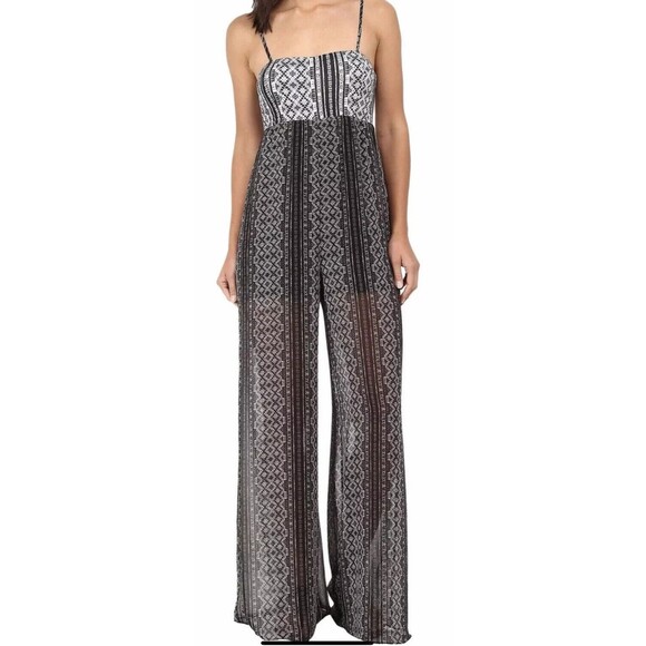 BCBGeneration Sleeveless Wide Leg Jumpsuit Size XS Sheer Black Print Summer Chic - Picture 2 of 13